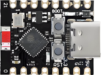 ESP32-C3 SuperMini 开发板，正面有 BOOT 和 RST 两个按键与 Type-C 接口